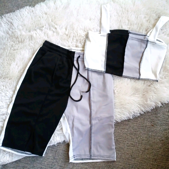 Black/White/Grey-Color Block Short Set - Picture 1 of 4